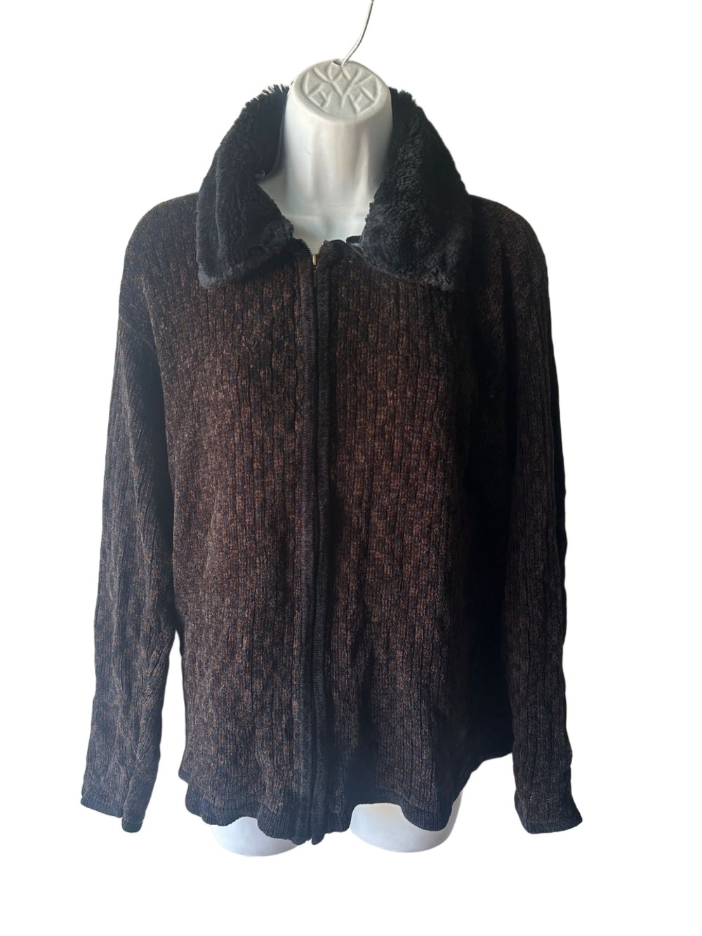 Mac & Jac Brown Textured Zip Jacket M Black Faux Fur Collar Removable Cozy